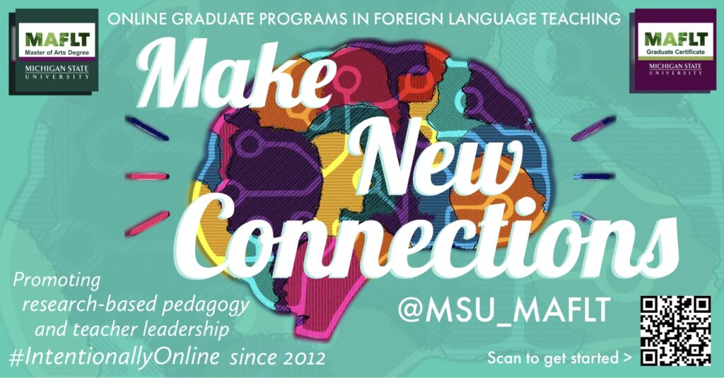 Make New Connections @ MSU MAFLT - post with “multilingual brain” against blue-green background