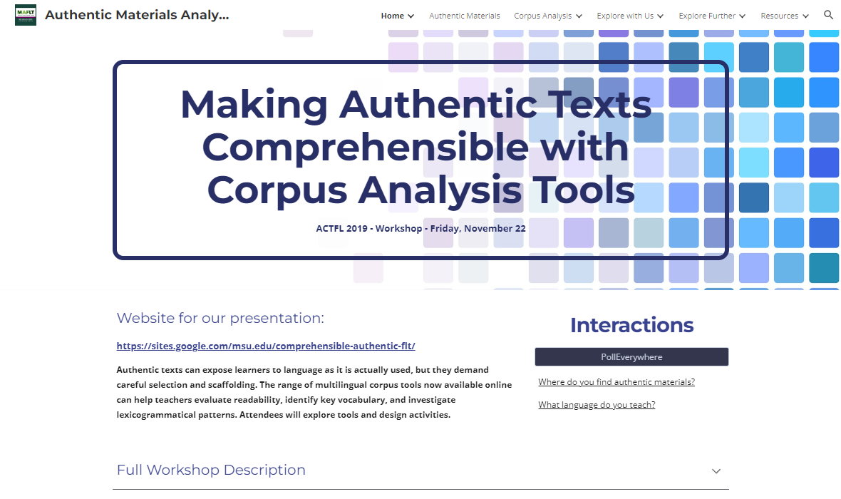 Authentic Texts and Corpus Analysis at ACTFL 2019